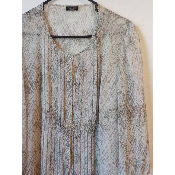 Talbots Sheer Blouse Animal Print Brown Beige Button Up Long Sleeve Fits Large - Picture 5 of 10